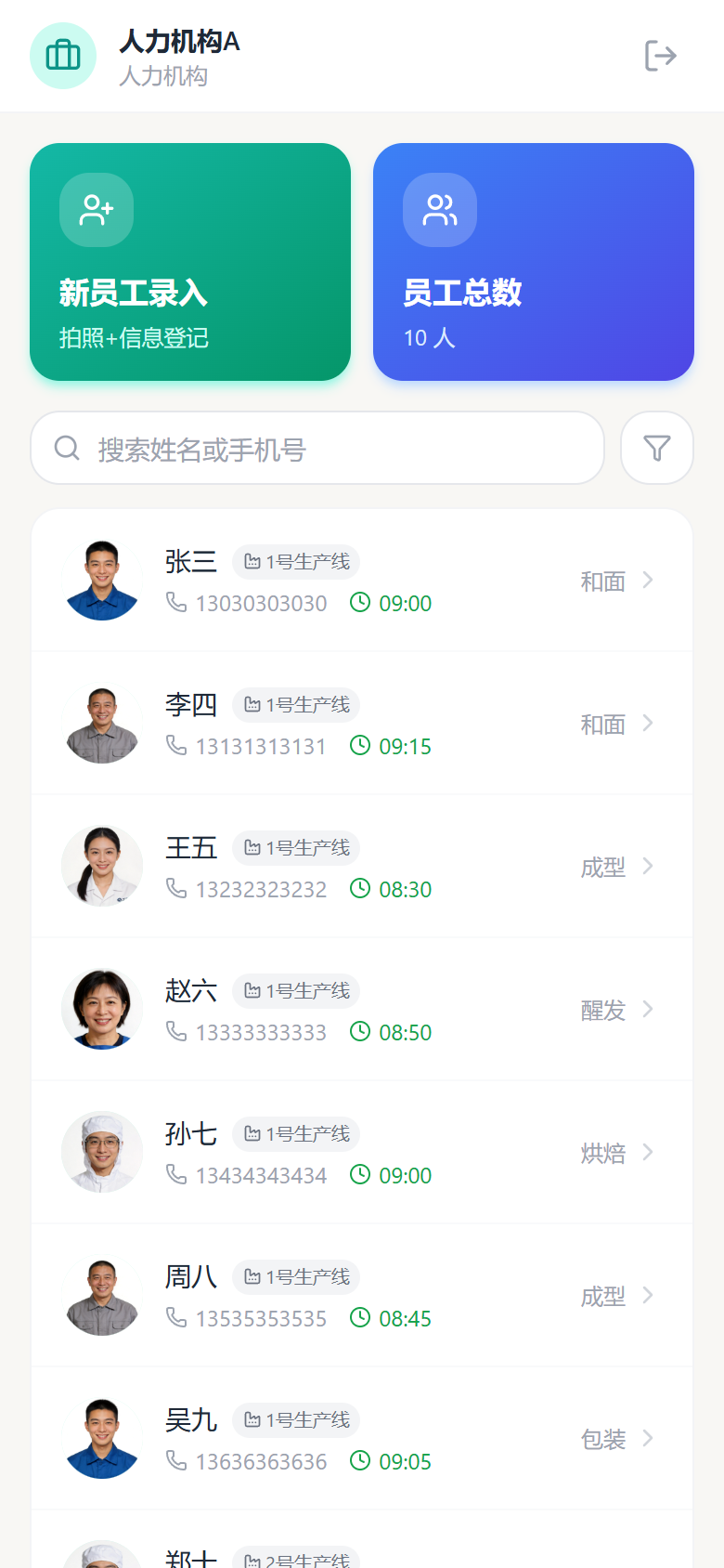 人力机构端:员工总数与员工列表